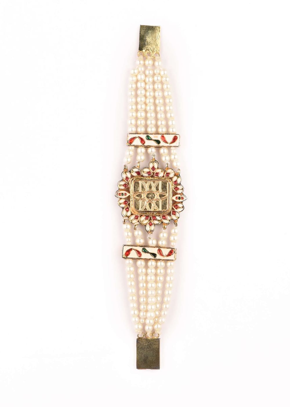 Gold Plated Bracelet With A Kundan Polki Centre Encrusted In A Red Stone And Multiple Moti Strings