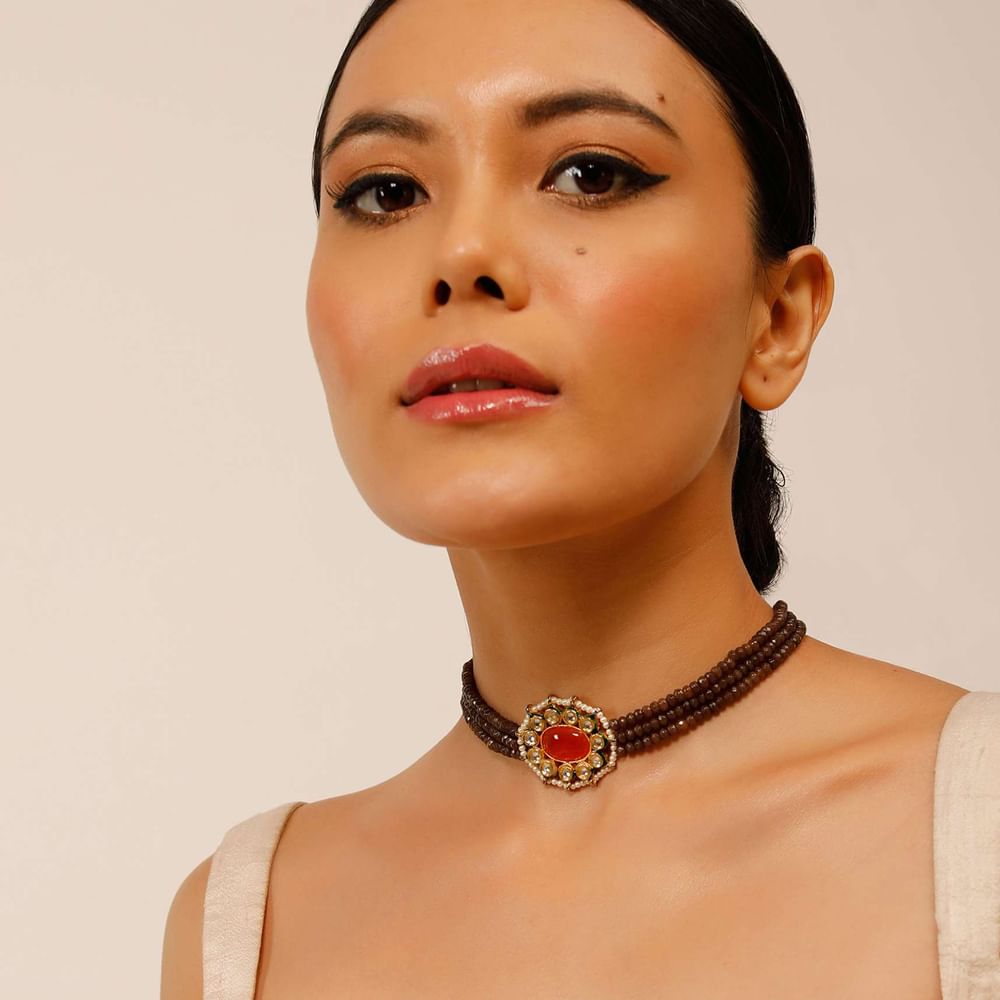Gold Plated Choker Necklace With Orange Oval Stone Centre And Brown Bead Strings