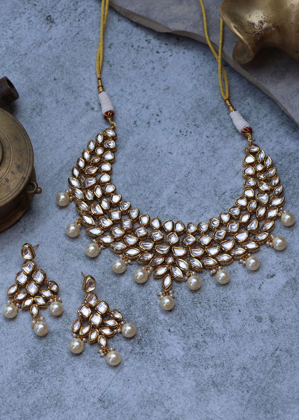 Buy Gold Plated Kundan And Pearl Necklace Set In Silver Alloy