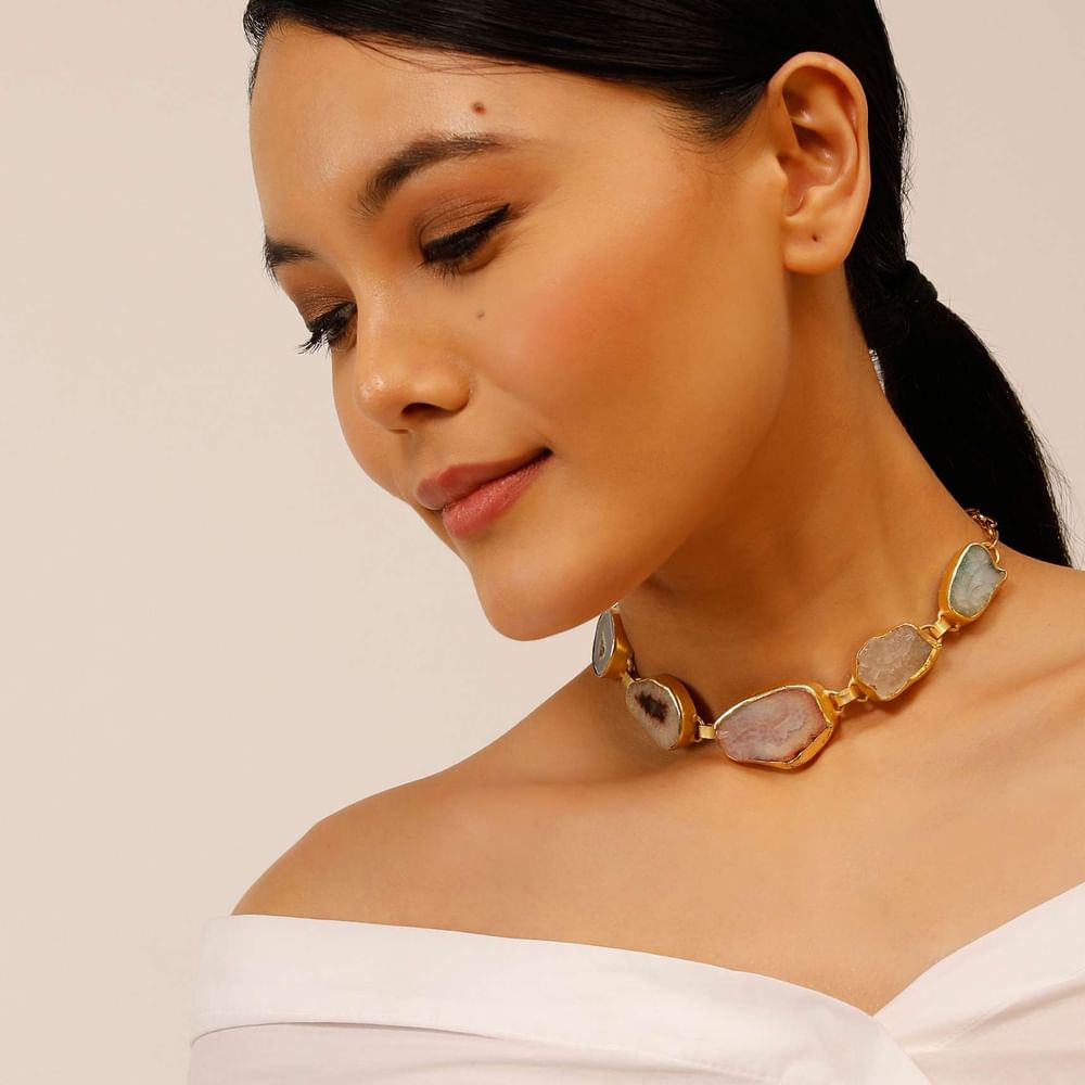 Gold Plated Necklace With Multi Colored Semi Precious Uncut Stones