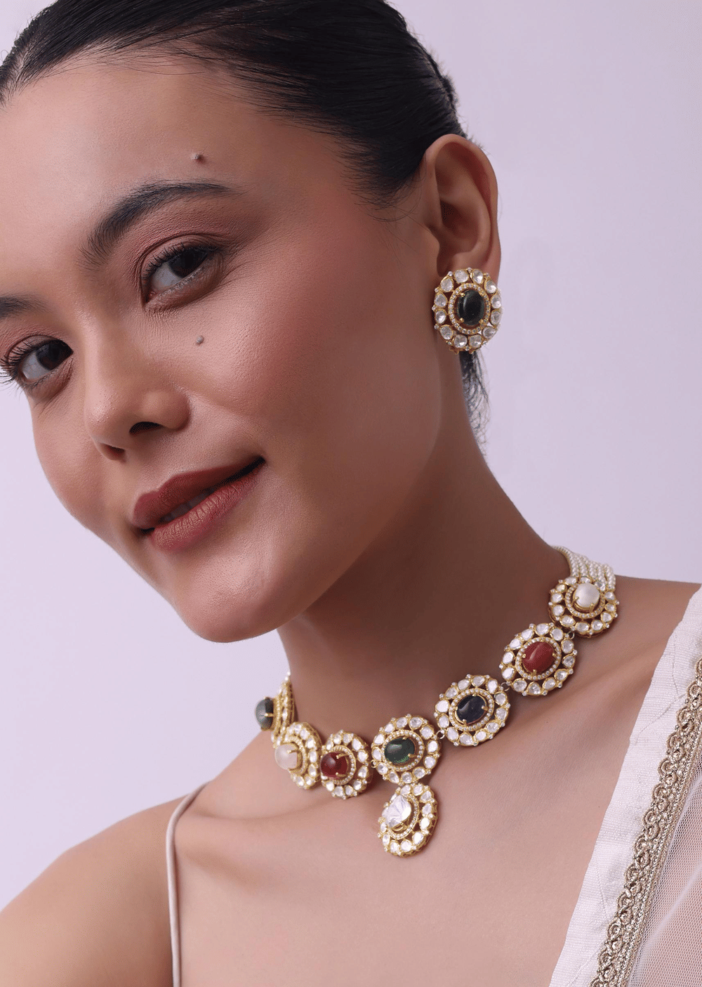 Gold Plated Short Necklace Set In 92.5 Sterling Silver With Synthetic Navratna Stones