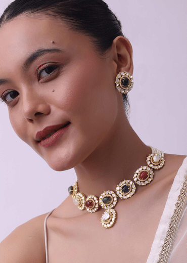 Gold Plated Short Necklace Set In 92.5 Sterling Silver With Synthetic Navratna Stones