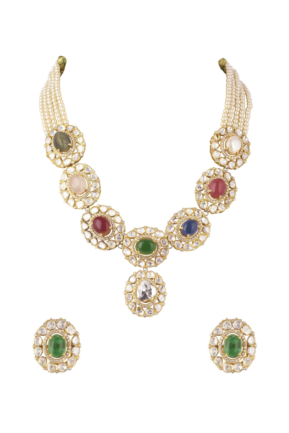 Gold Plated Short Necklace Set In 92.5 Sterling Silver With Synthetic Navratna Stones