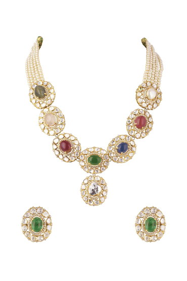 Gold Plated Short Necklace Set In 92.5 Sterling Silver With Synthetic Navratna Stones