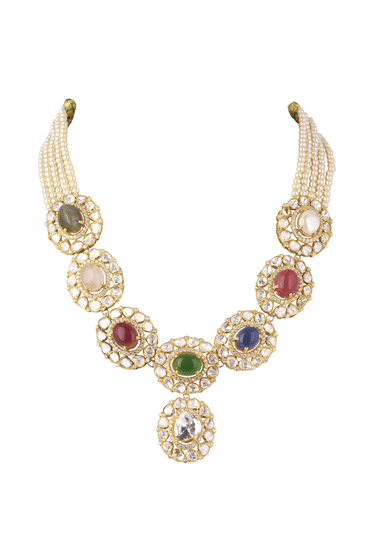 Gold Plated Short Necklace Set In 92.5 Sterling Silver With Synthetic Navratna Stones