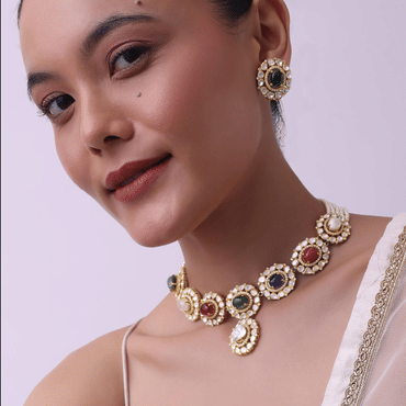 Gold Plated Short Necklace Set In 92.5 Sterling Silver With Synthetic Navratna Stones