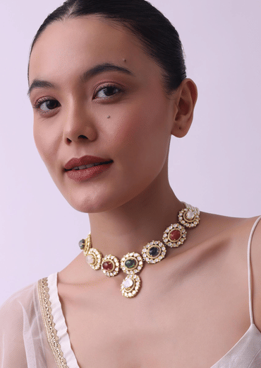 Gold Plated Short Necklace Set In 92.5 Sterling Silver With Synthetic Navratna Stones
