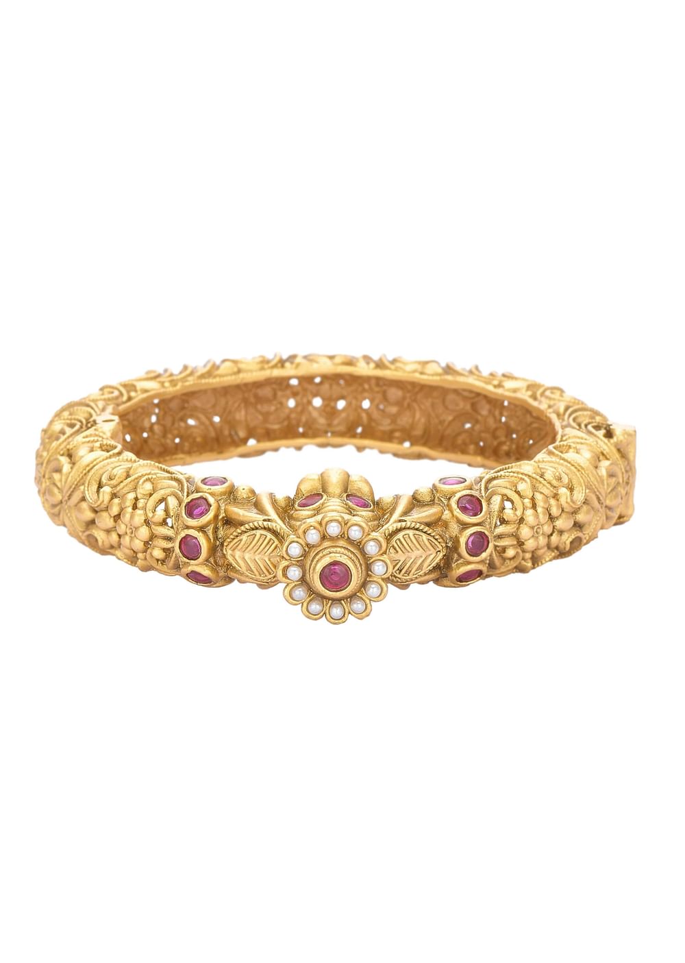 Gold Plated Temple Bangle With Carved Detail And Red Stones