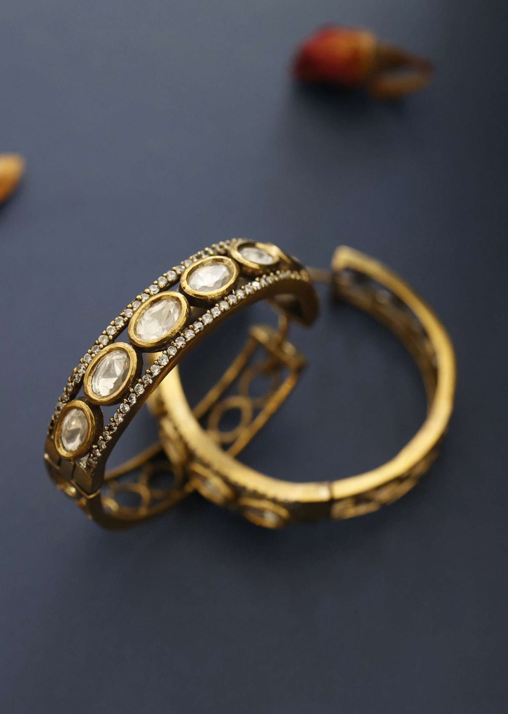 Gold Plated Victorian Polki Hoops With Faux Diamonds In Silver Alloy