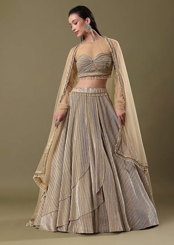 Gold Pre Pleated Lehenga With Dupatta