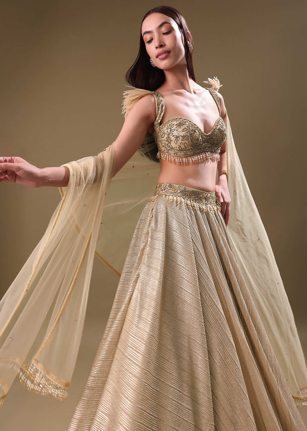 Gold Pre Pleated Lehenga With Embellished Blouse And Net Dupatta Gold Pre Pleated Lehenga With Embellished Blouse And Net Dupatta