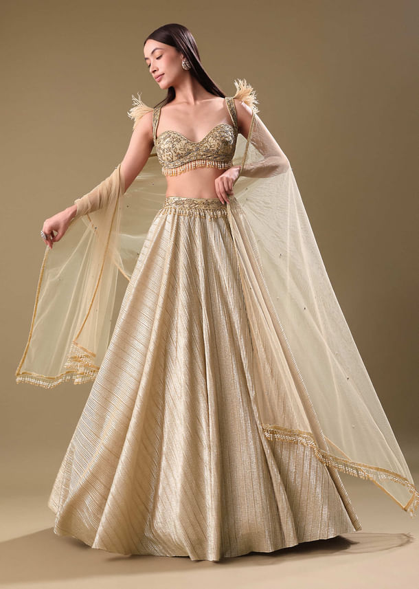 Gold Pre Pleated Lehenga With Embellished Blouse And Net Dupatta Gold Pre Pleated Lehenga With Embellished Blouse And Net Dupatta