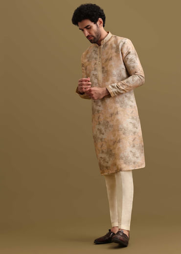 Gold Printed Silk Zipper Kurta Set For Men