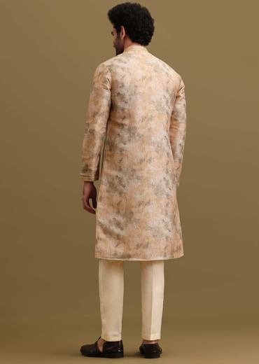 Gold Printed Silk Zipper Kurta Set For Men