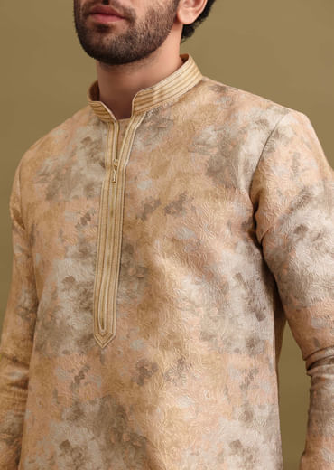 Gold Printed Silk Zipper Kurta Set For Men