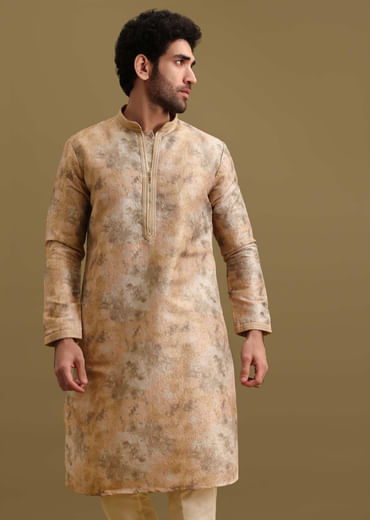 Gold Printed Silk Zipper Kurta Set For Men