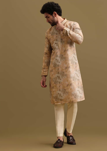 Gold Printed Silk Zipper Kurta Set For Men