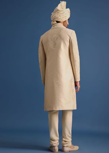 Gold Raw Silk Sherwani Suit With Hand Work