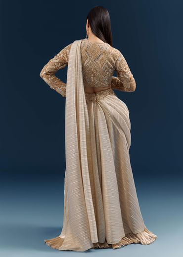 Gold Ready Pleated Saree With Aari Work