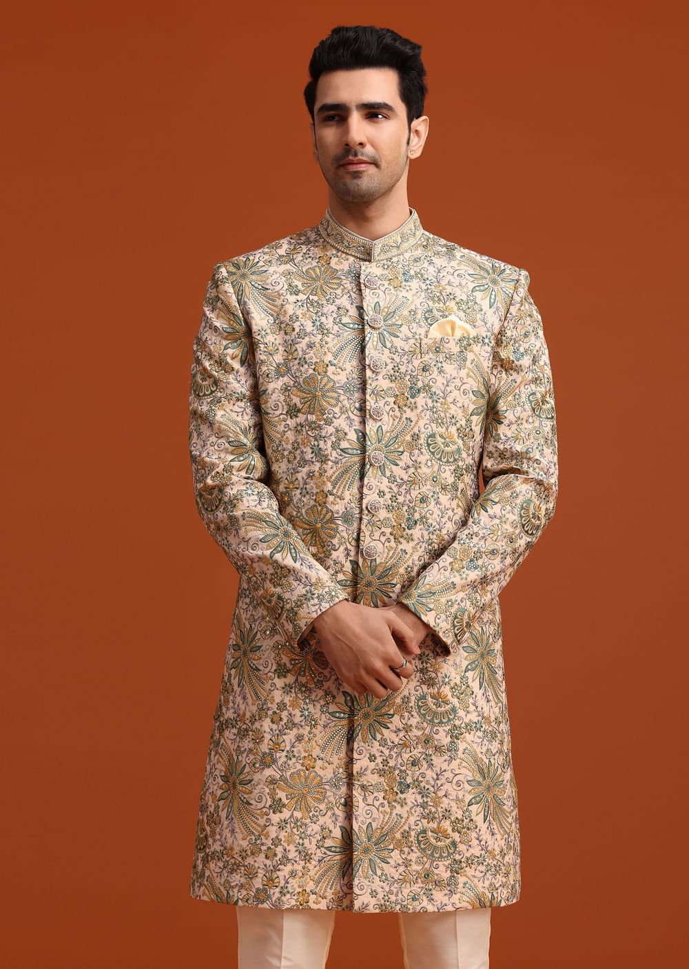 Gold Silk Sherwani Set Hand Embroidered Motifs