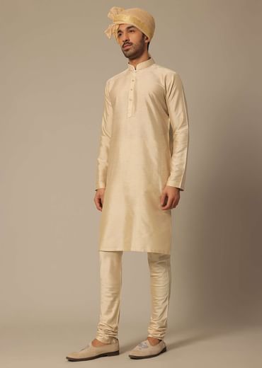 Gold Silk Sherwani Set With Embroidered Detail