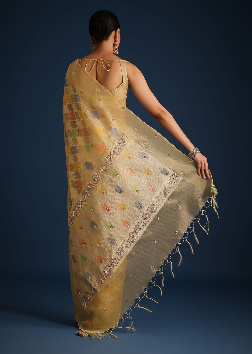Gold Tissue Chanderi Rangkart Saree with Zardosi Work