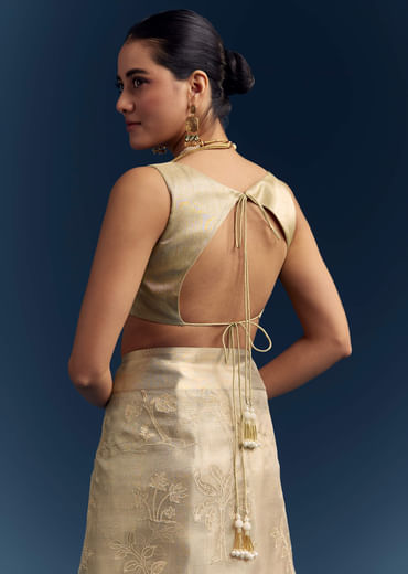 Gold Tissue Organza Saree With Zari And Resham Work