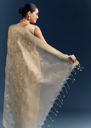 Gold Tissue Organza Saree With Zari And Resham Work