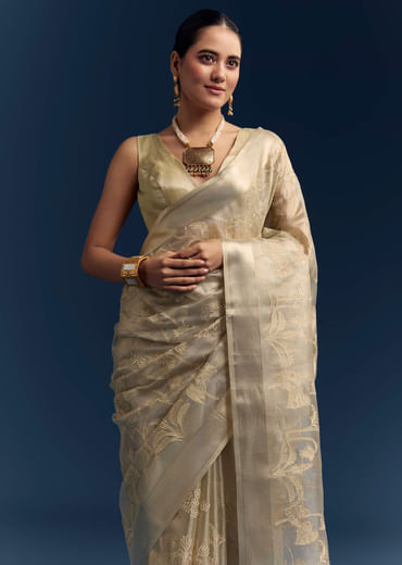 Gold Tissue Organza Saree With Zari And Resham Work