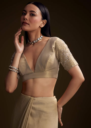Gold Tissue Saree With Stone And Bead Embroidery
