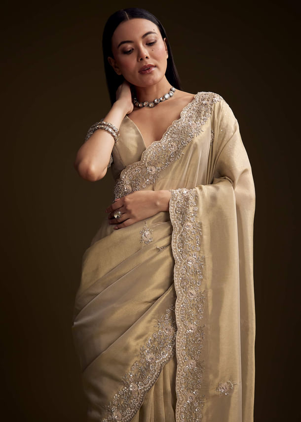 Gold Tissue Saree With Stone And Bead Embroidery