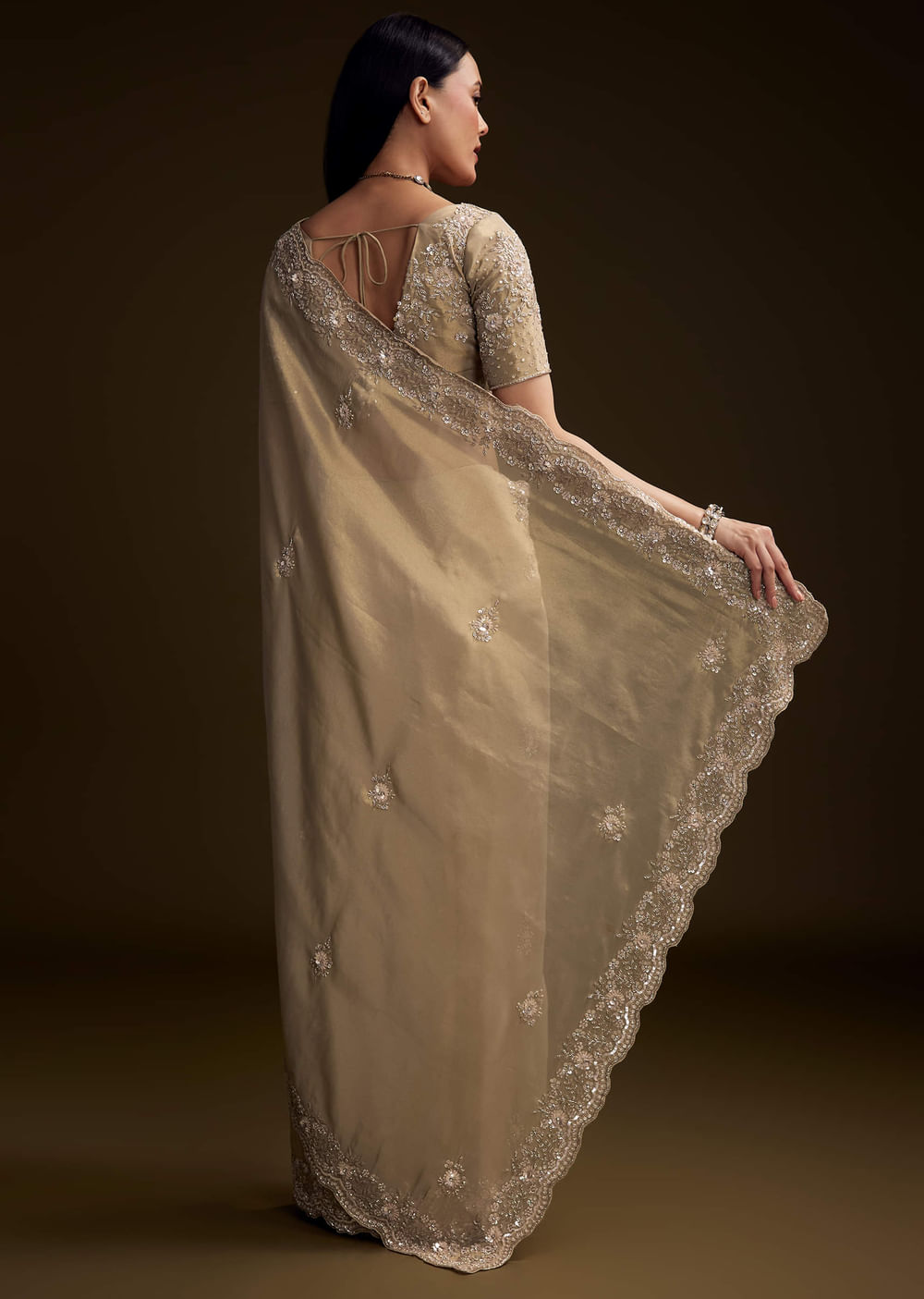 Gold Tissue Saree With Stone And Bead Embroidery