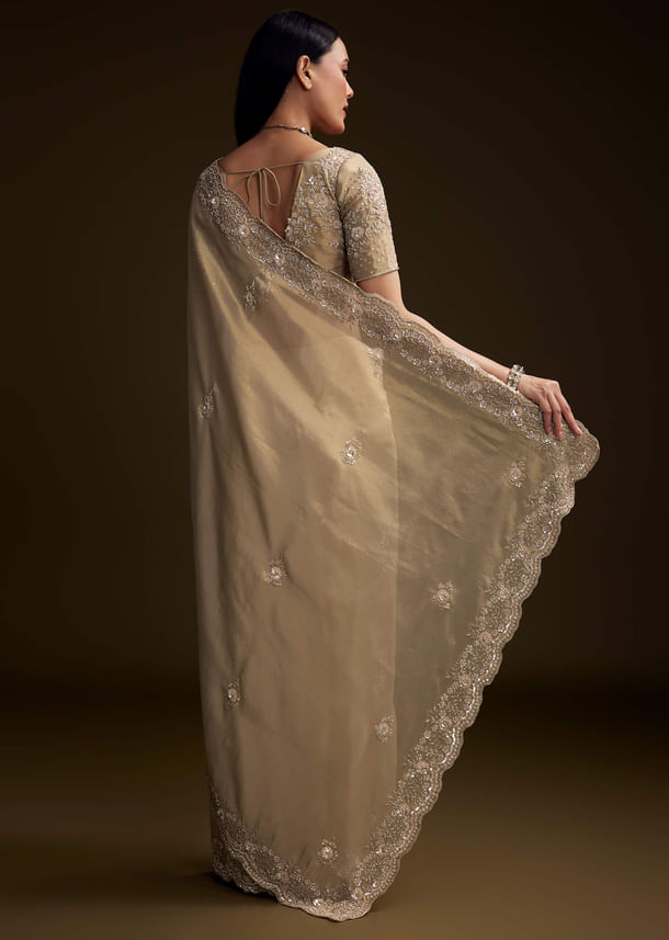 Gold Tissue Saree With Stone And Bead Embroidery
