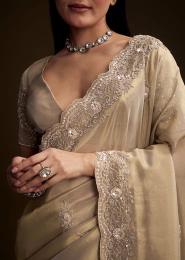 Gold Tissue Saree With Stone And Bead Embroidery