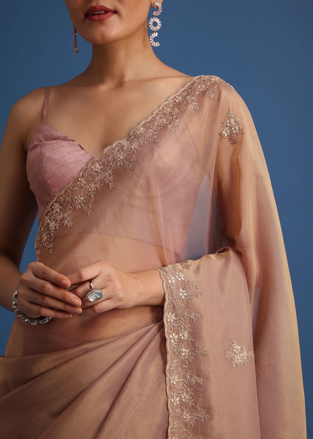 Dusty Beige Saree With Stones And Cutdana Embroidered Border