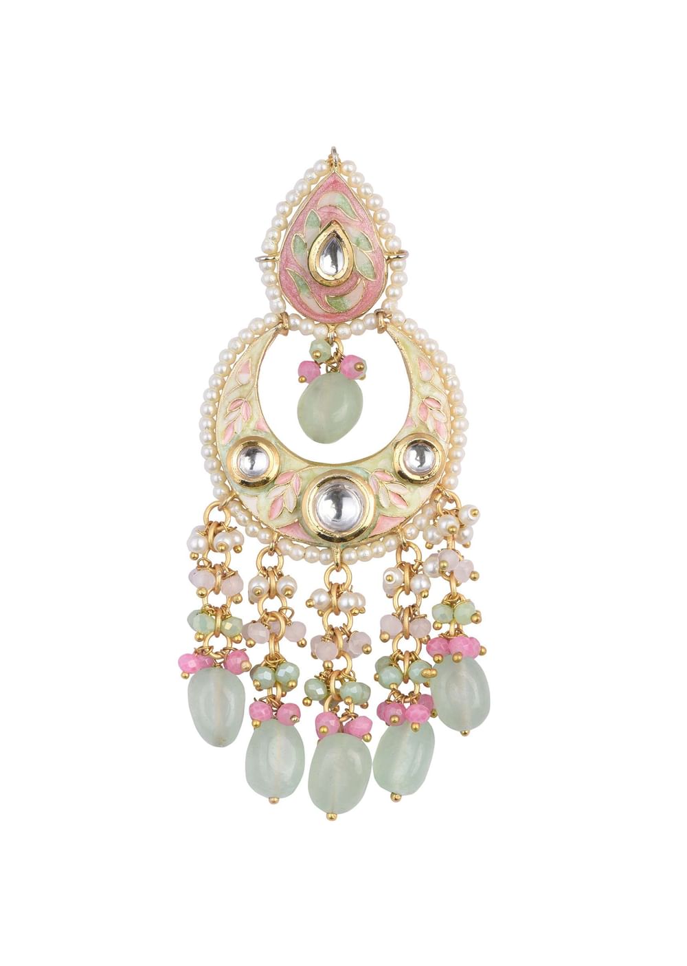 Gold Tone Kundan Chandbalis With Multi Bead Danglings