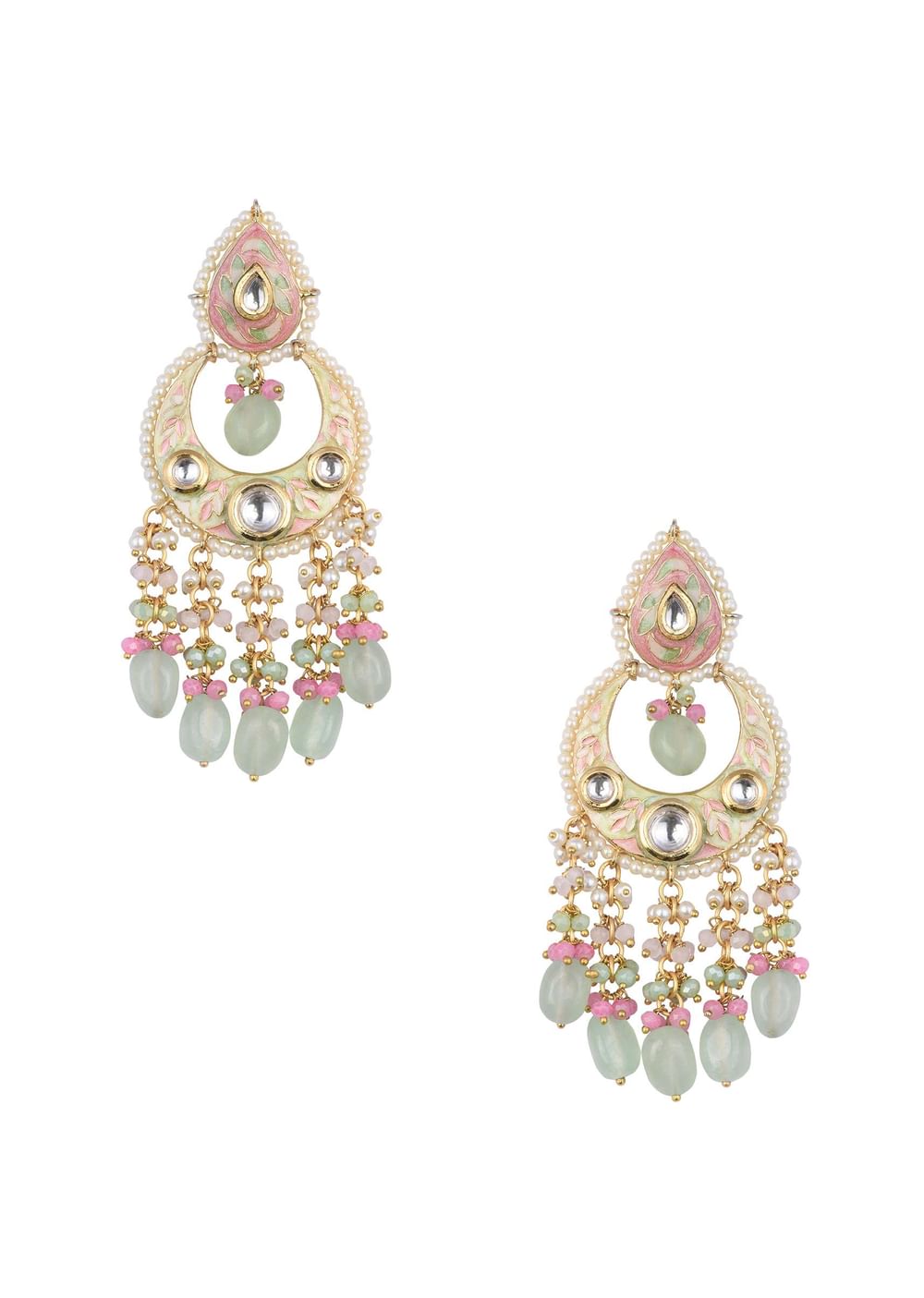 Gold Tone Kundan Chandbalis With Multi Bead Danglings