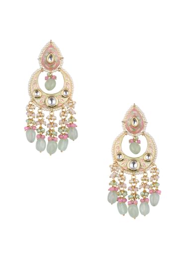 Gold Tone Kundan Chandbalis With Multi Bead Danglings