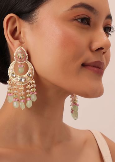 Gold Tone Kundan Chandbalis With Multi Bead Danglings