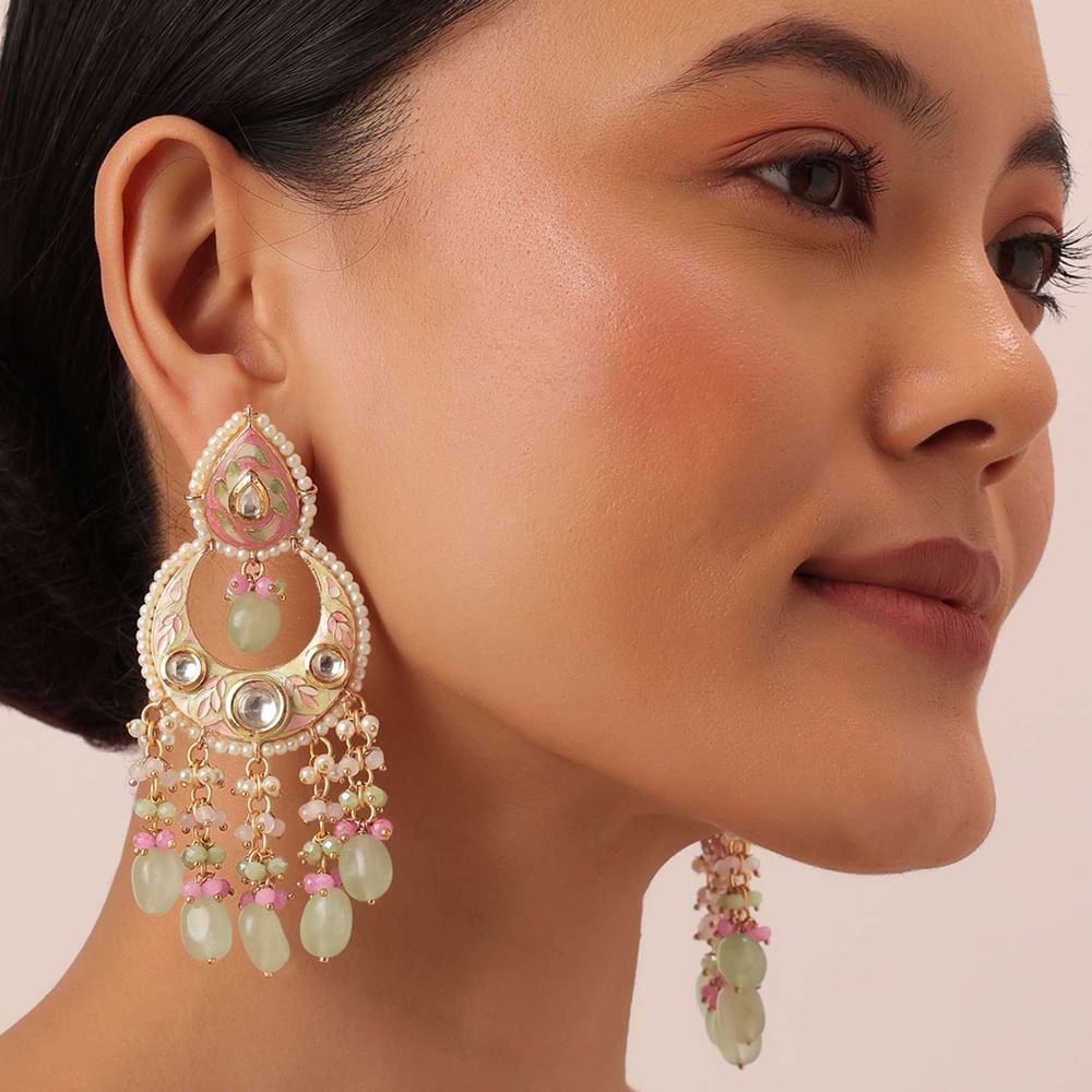 Gold Tone Kundan Chandbalis With Multi Bead Danglings