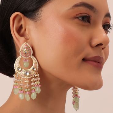 Gold Tone Kundan Chandbalis With Multi Bead Danglings