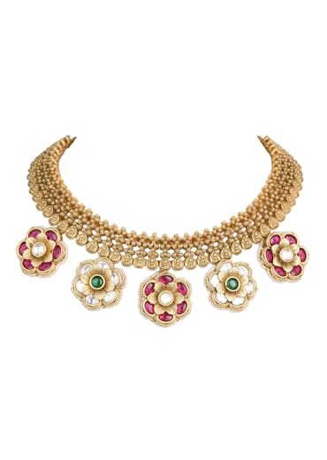 Gold Tone Pendant Drop Temple Choker Set With Meenakari Detail