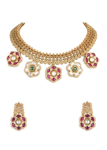 Gold Tone Pendant Drop Temple Choker Set With Meenakari Detail
