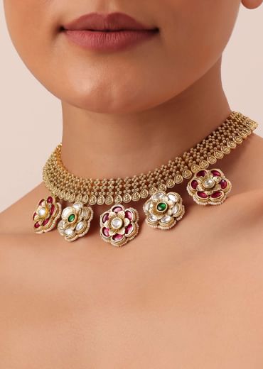 Gold Tone Pendant Drop Temple Choker Set With Meenakari Detail