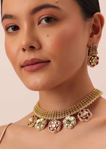 Gold Tone Pendant Drop Temple Choker Set With Meenakari Detail