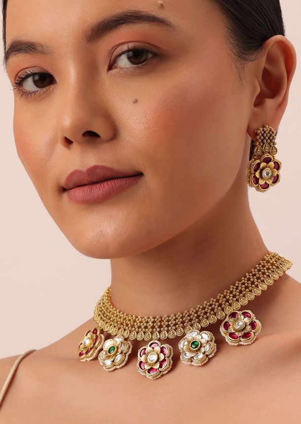 Gold Tone Pendant Drop Temple Choker Set With Meenakari Detail Gold Tone Pendant Drop Temple Choker Set With Meenakari Detail