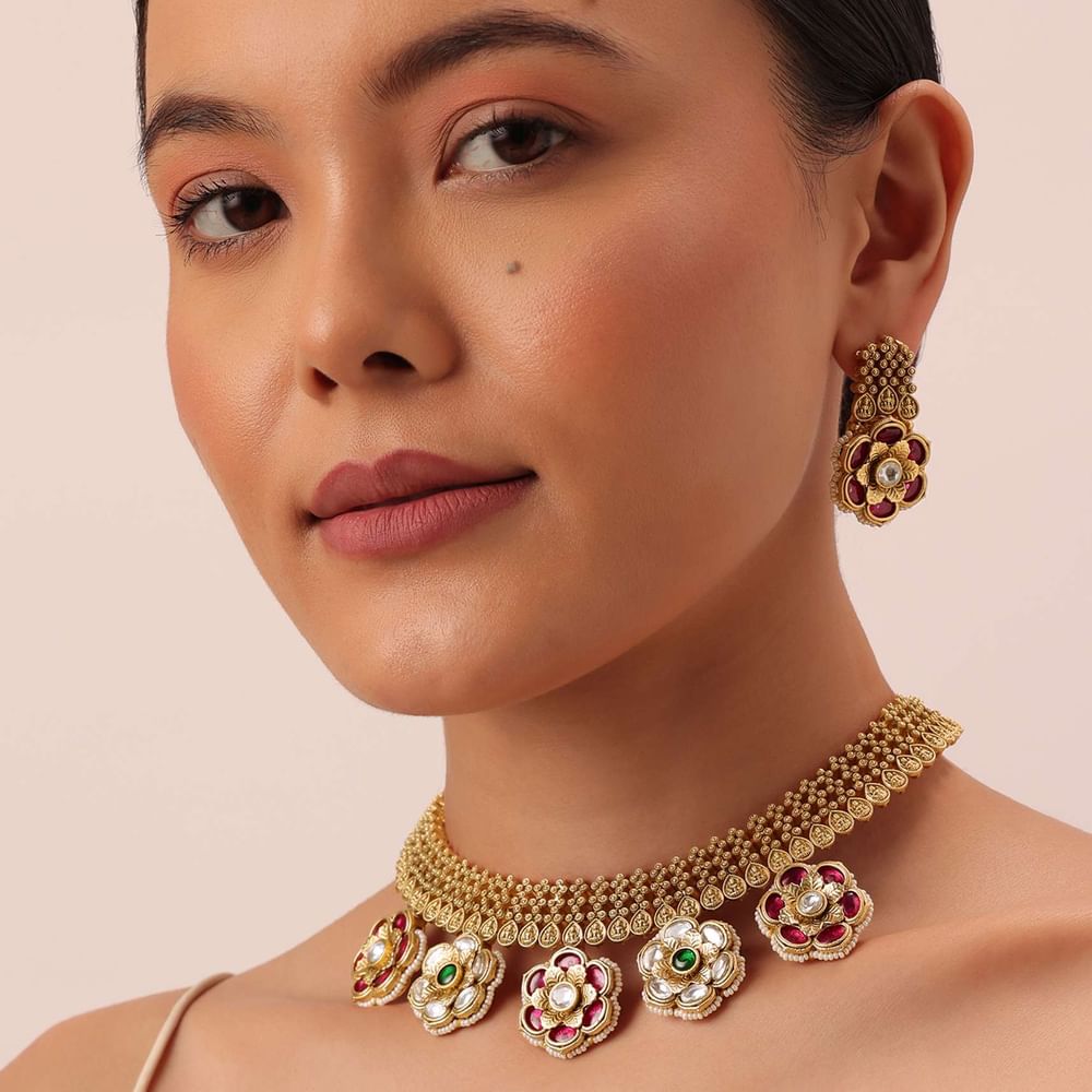Gold Tone Pendant Drop Temple Choker Set With Meenakari Detail