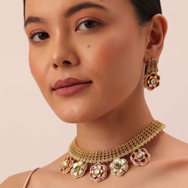 Gold Tone Pendant Drop Temple Choker Set With Meenakari Detail