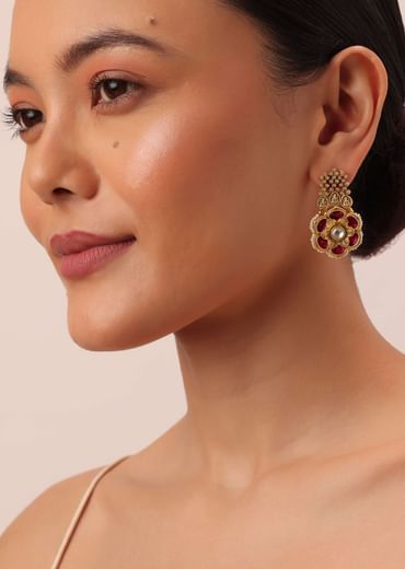 Gold Tone Pendant Drop Temple Choker Set With Meenakari Detail