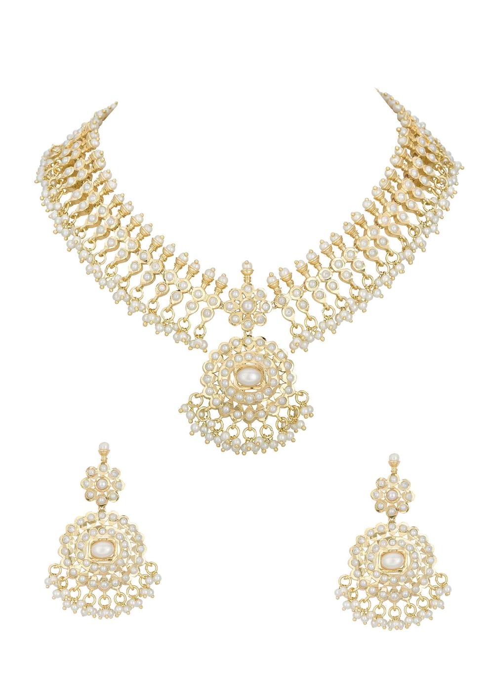 Gold Tone Pendant Kundan Necklace Set With Beads